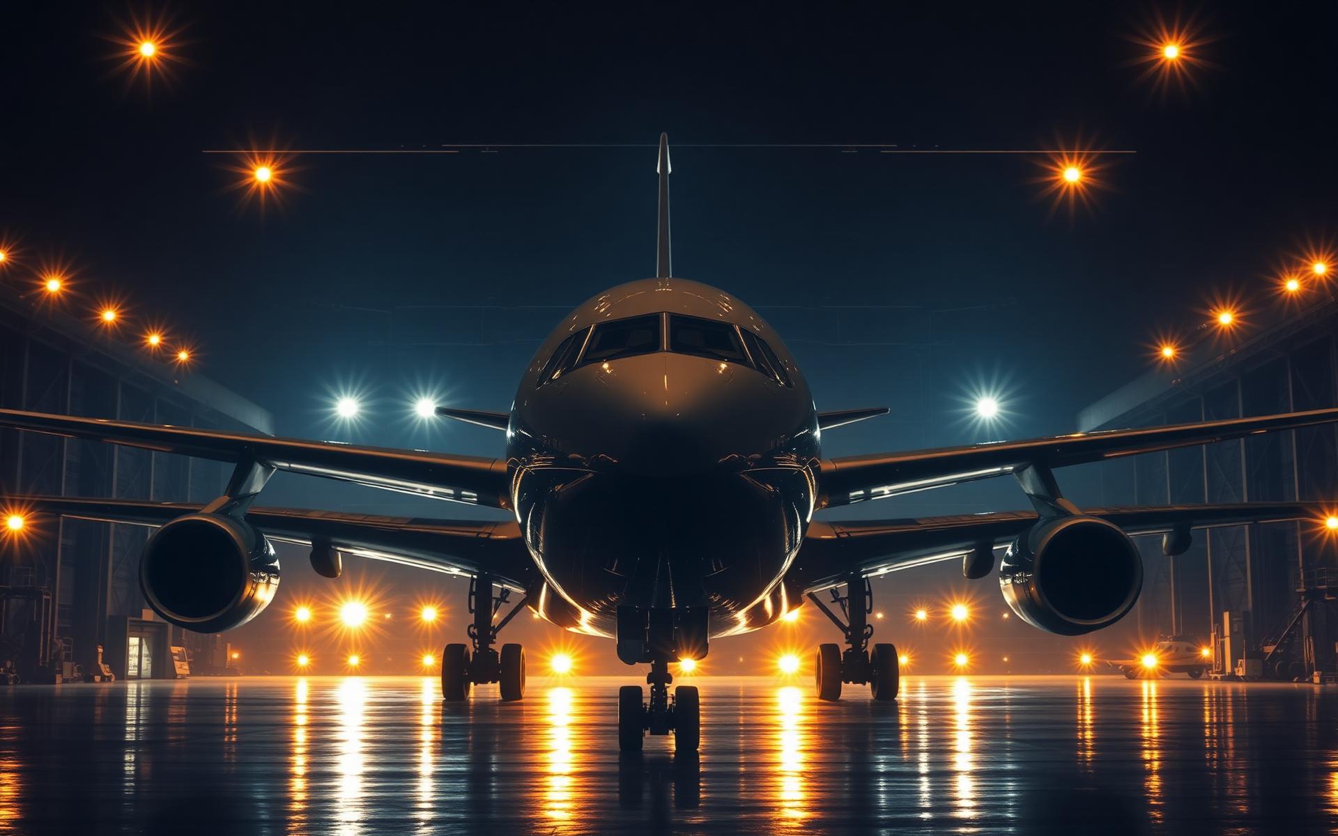Aircraft in a hangar at night with golden work lights